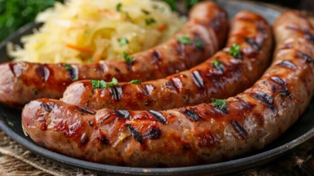 Plate of grilled sausages served with tangy sauerkraut and mustard on a rustic Oktoberfest table.